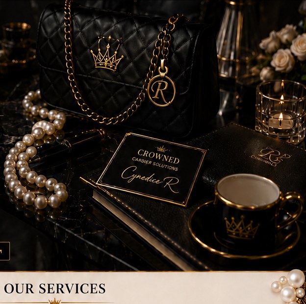 Crowned brand artwork: quilted purse, pearls, teacup and business card
