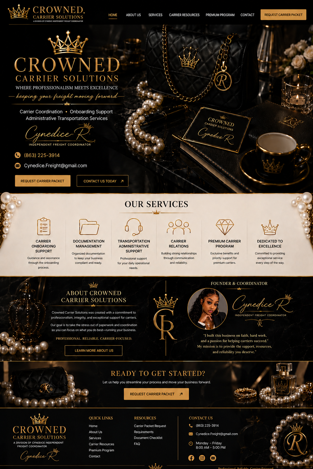 The complete Crowned Carrier Solutions brand artwork — purse, pearls, perfume, teacup, and Cynedice R signature